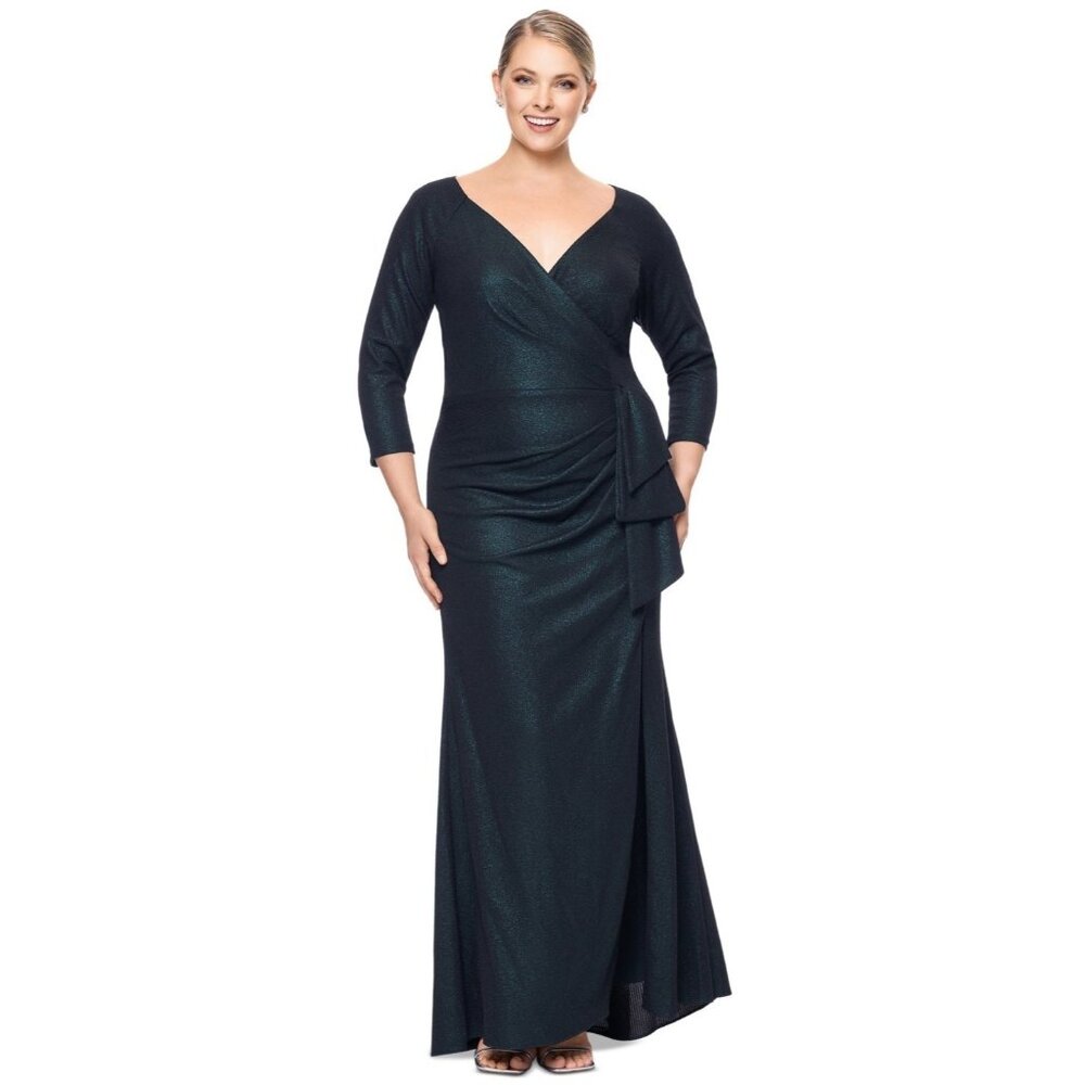 XSCAPE Metallic-Threaded Gathered-Waist Dress Green Plus Size 18W MSRP $269